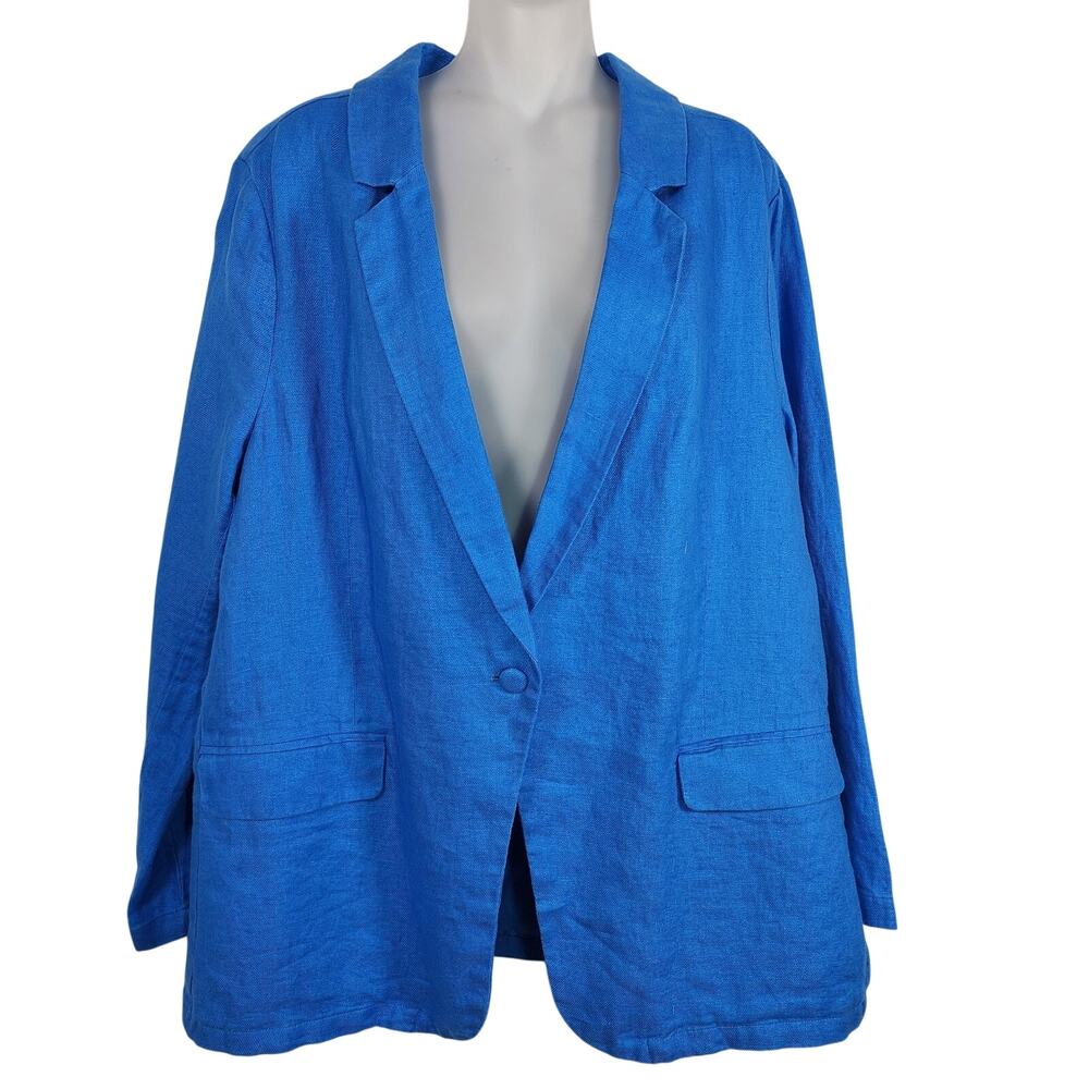 Halston Women's Jacket Blue 100% Linen Single Button Blazer Pockets Preppy XL